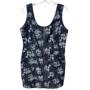 Papillon Denim Floral Mini Dress Full Zip Closure With Pockets Size M